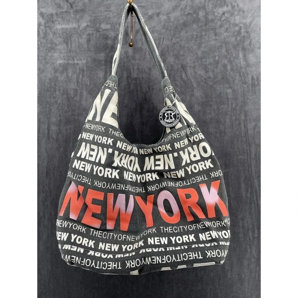 Robin Ruth New York Canvas Shoulder Hobo Bag Red Lining Zip Top Purse Handbag